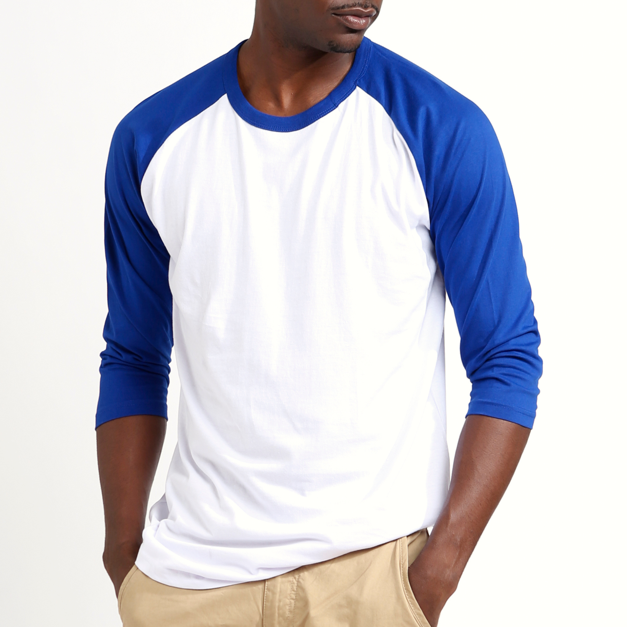 Casual 3/4 sleeve raglan tee in white with blue contrast sleeves.