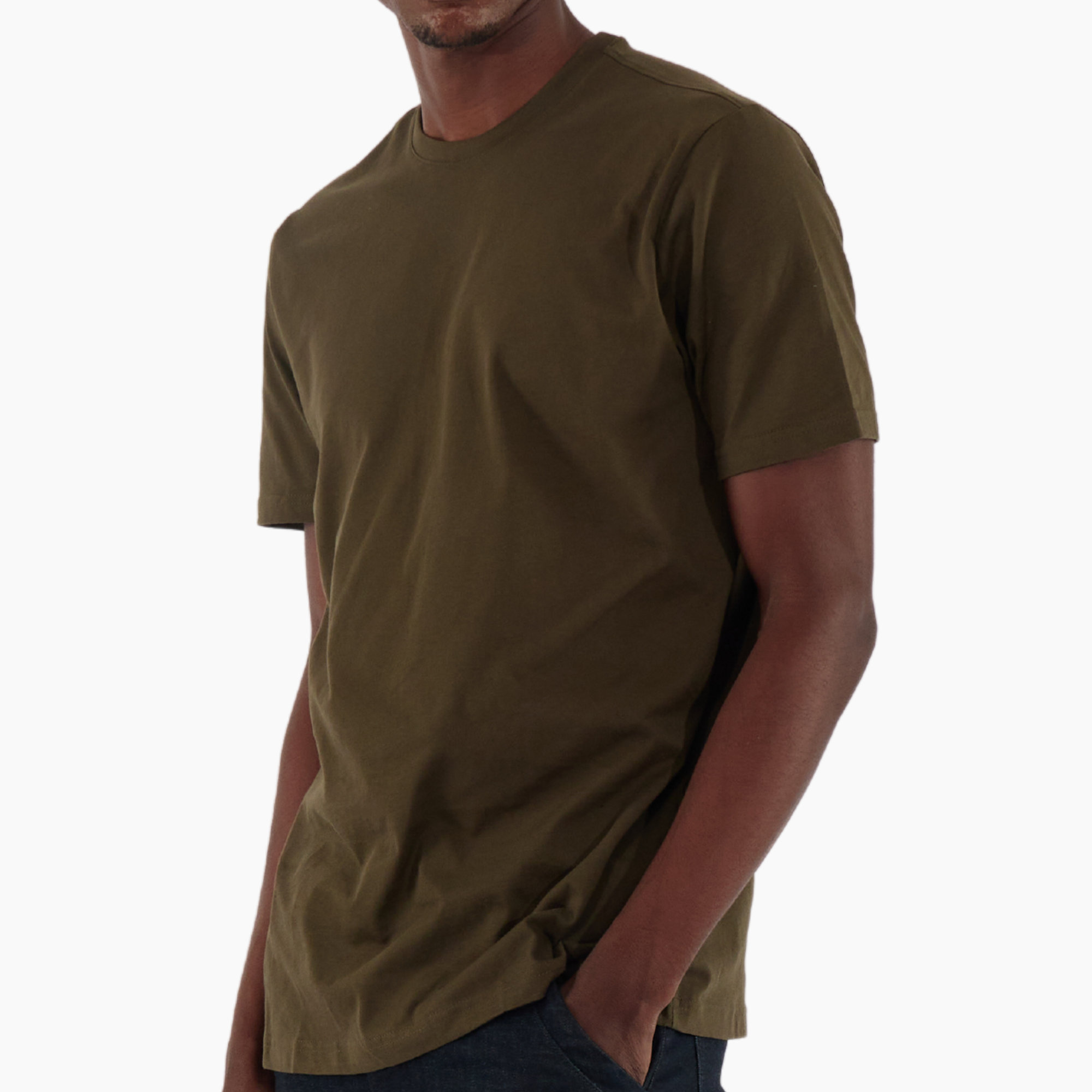 Olive green premium cotton t-shirt with a tailored round neck design for a clean, casual style.