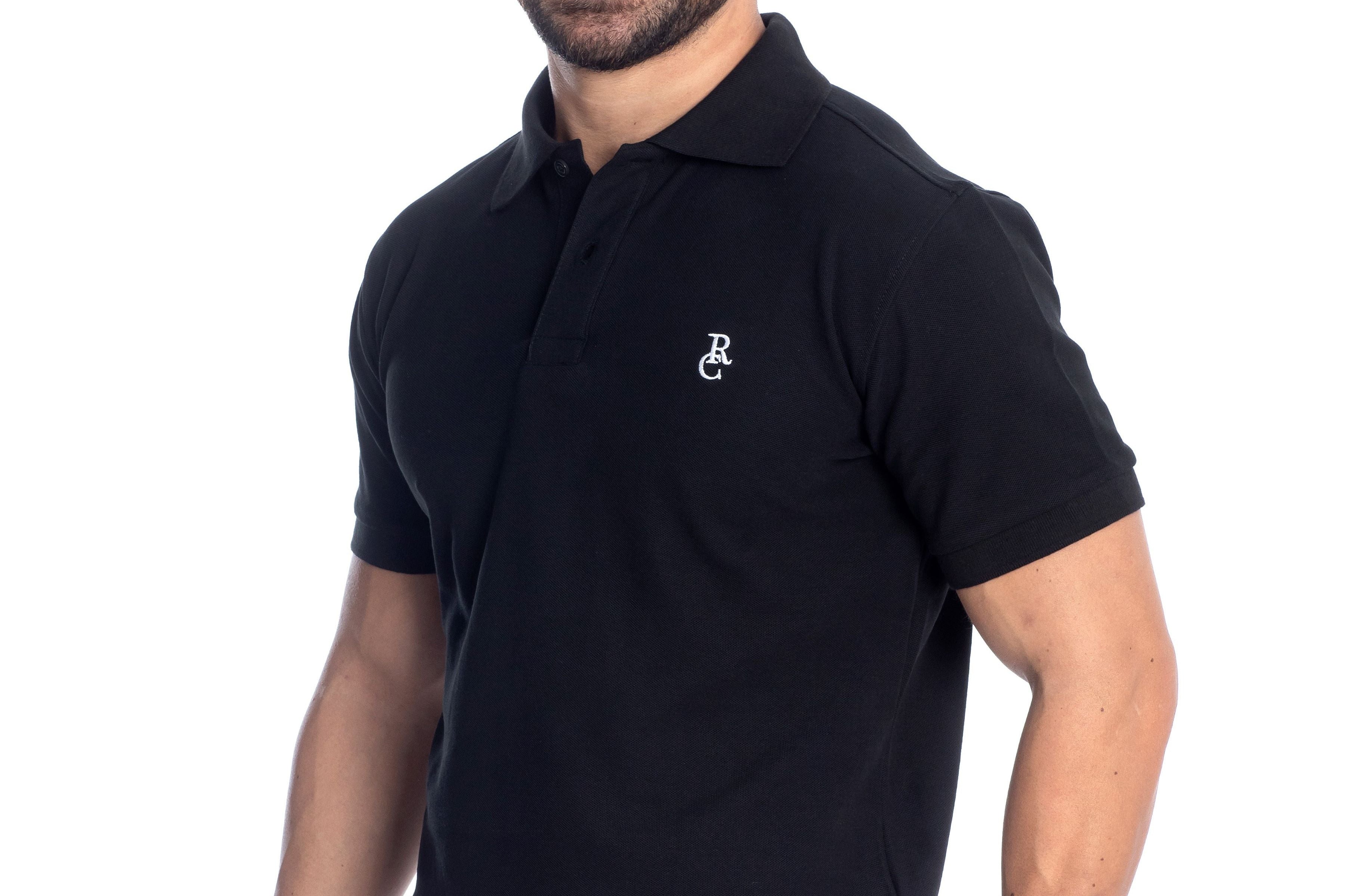 Side profile of black cotton polo shirt for men, designed for all-day comfort