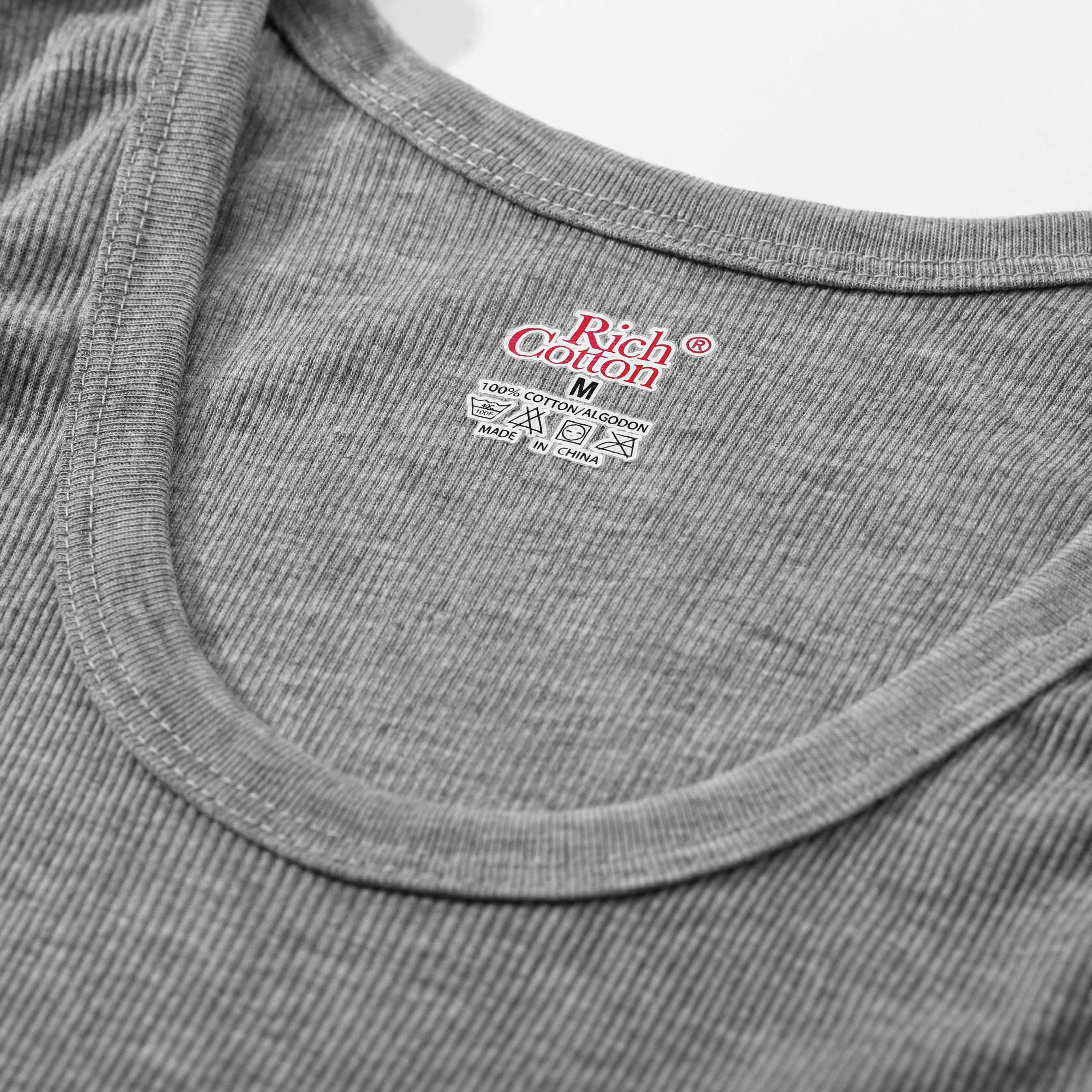 Rich Cotton gray ribbed tank top neckline with printed care label.