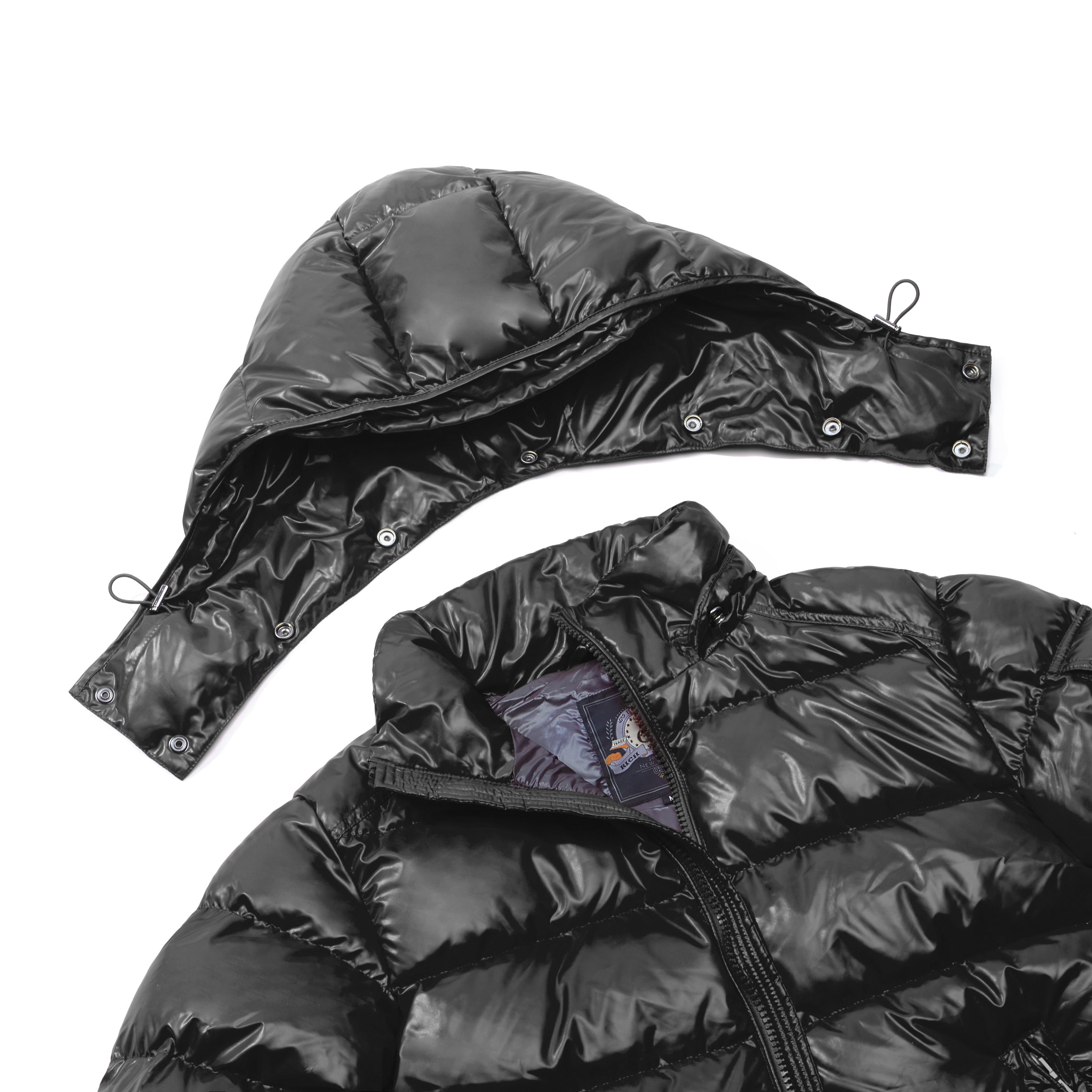 Mona women�Efs puffer jacket with removable shiny hood shown detached for versatility
