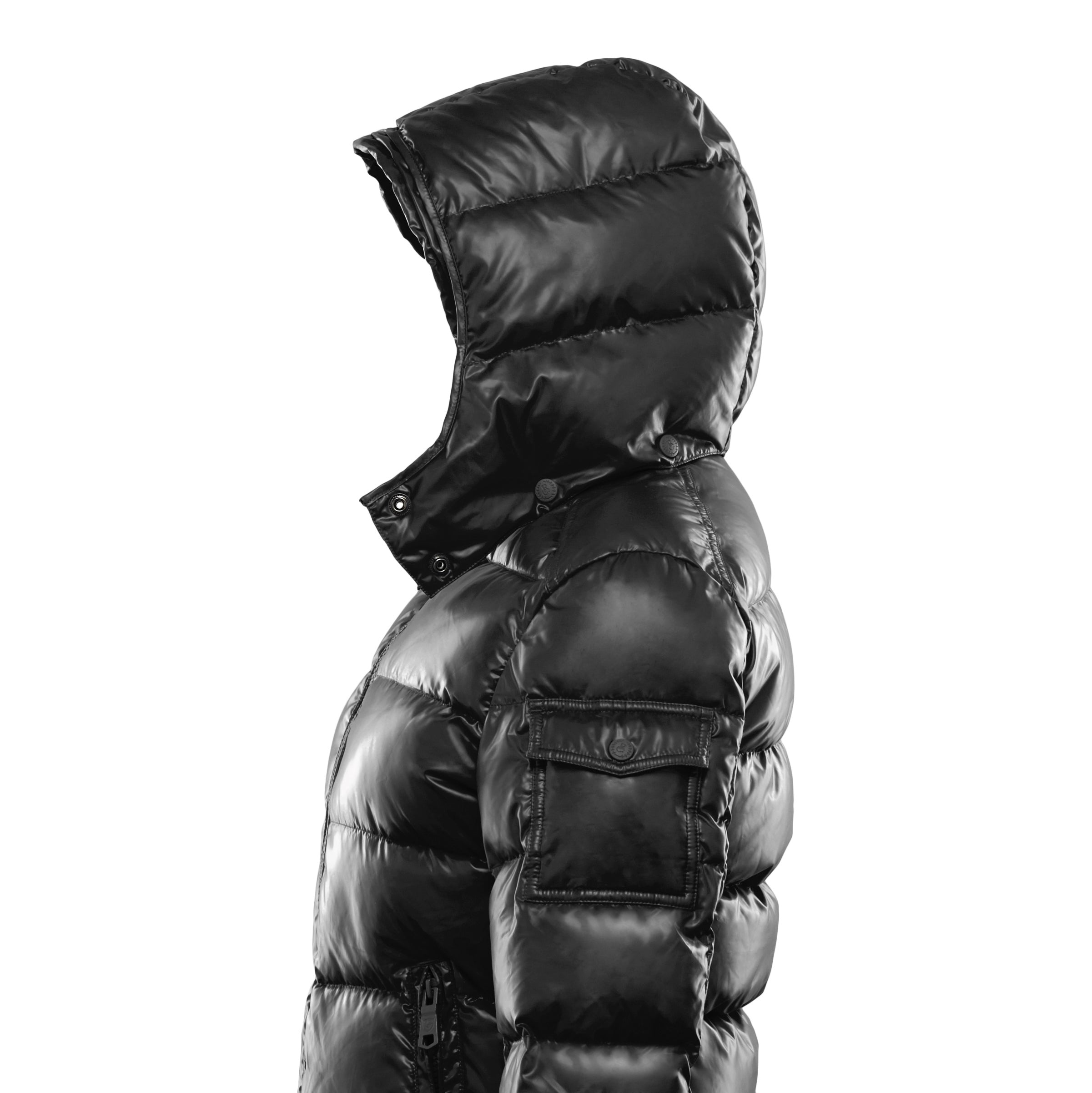 Side profile of Mona women�Efs puffer jacket with detachable hood and glossy casing