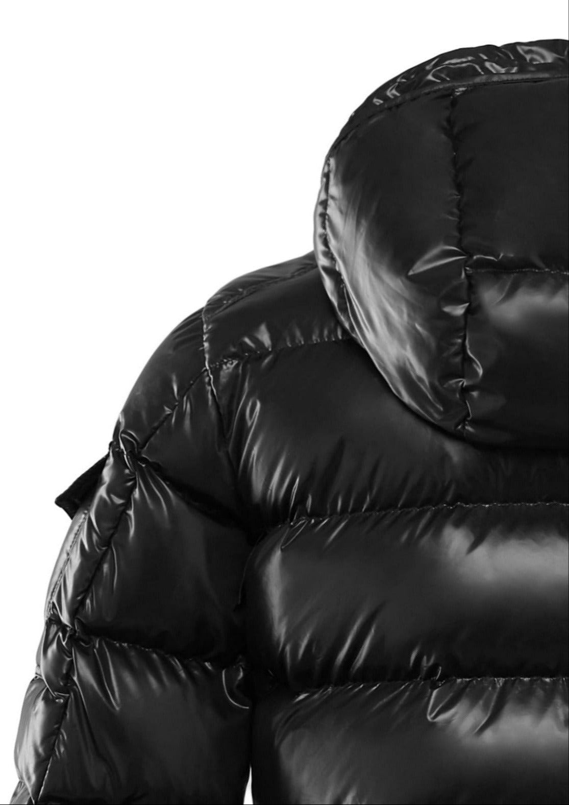 Mona jacket shiny fabric and silhouette form shown from rear shoulder view