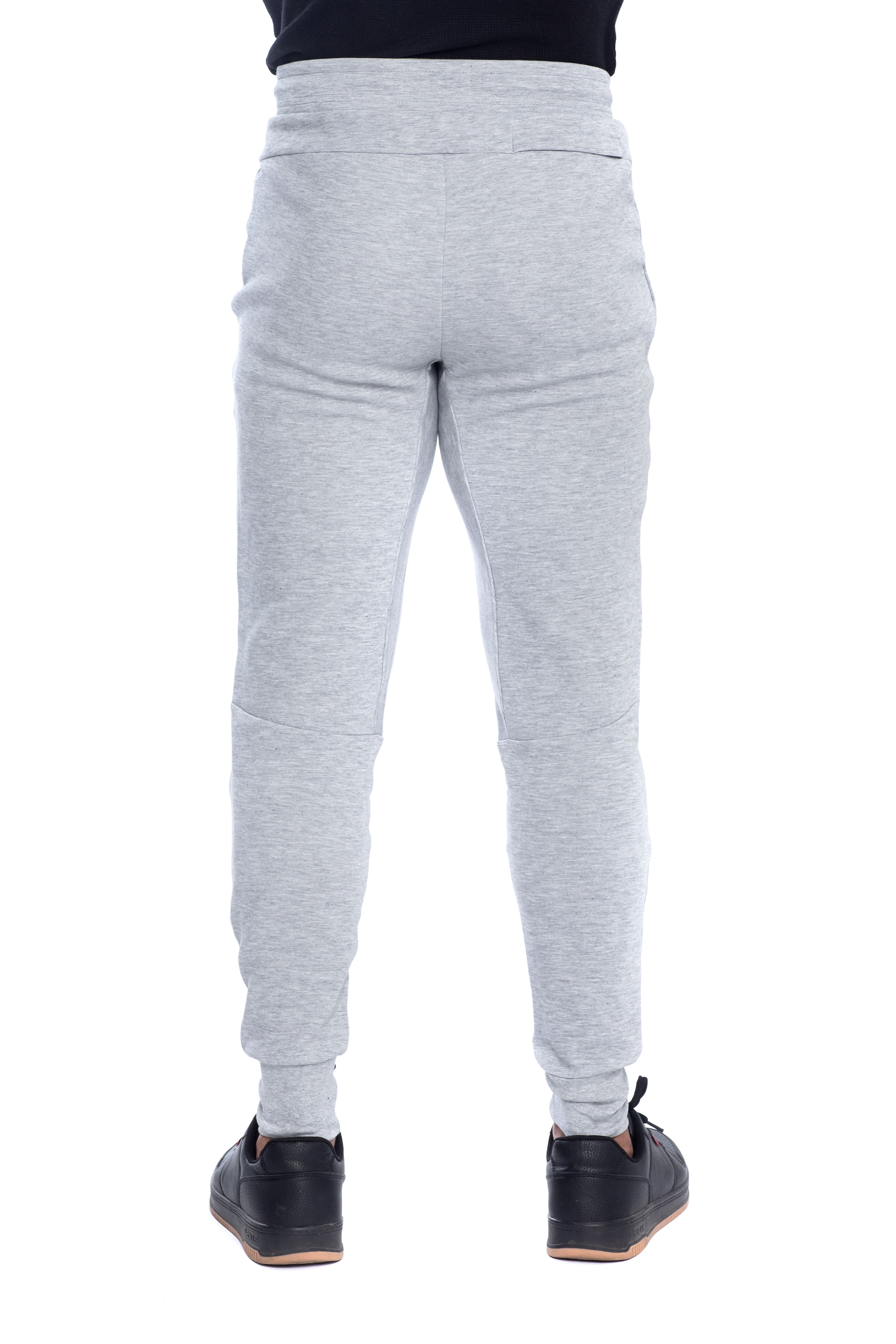 Back view of men�fs slim fit light gray joggers with elastic waistband and tapered cuffs, comfortable cotton blend sweatpants