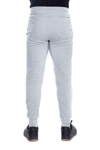 Back view of men�fs slim fit light gray joggers with elastic waistband and tapered cuffs, comfortable cotton blend sweatpants