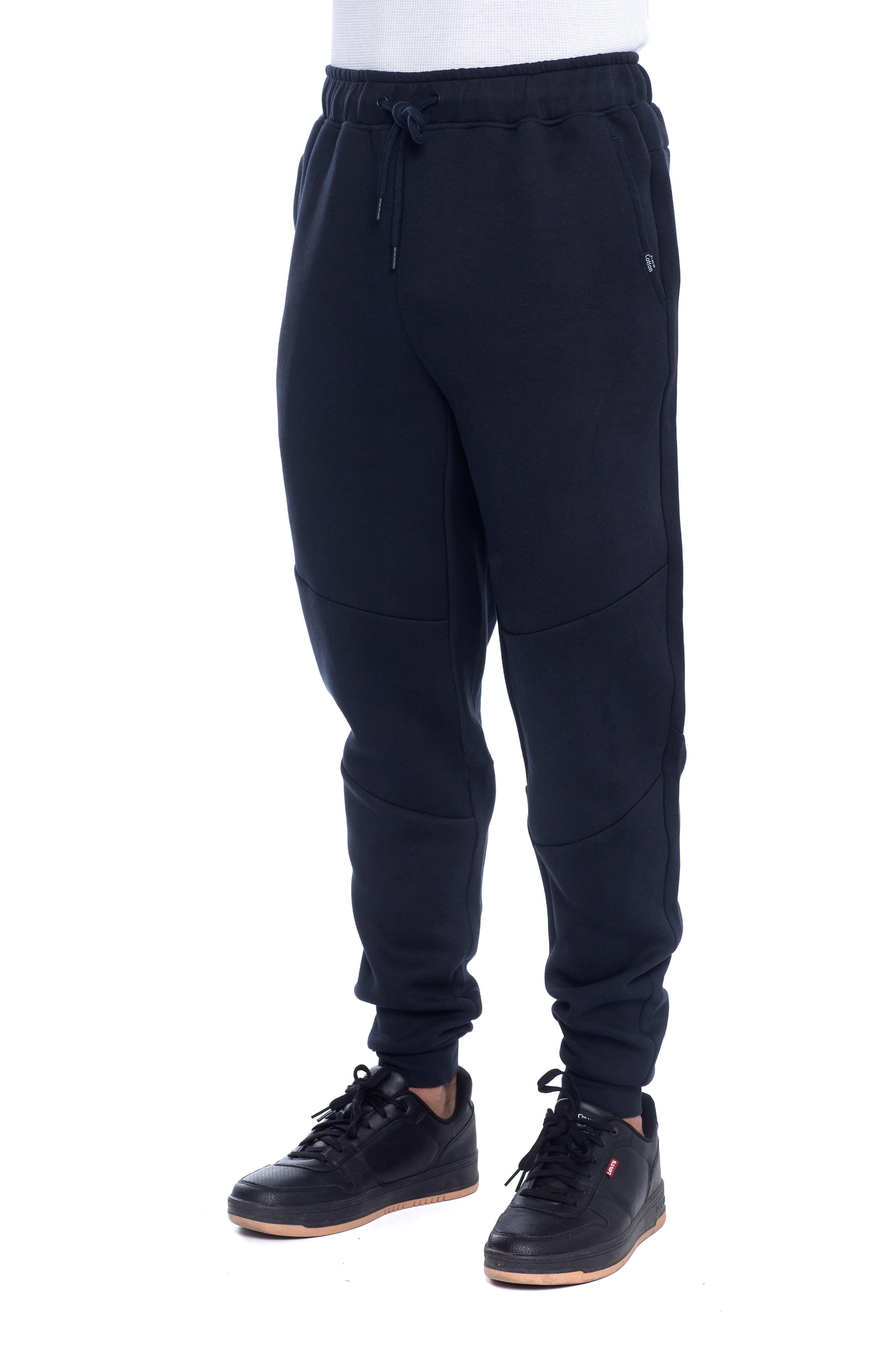 Men�fs navy blue jogger sweatpants with elastic waistband and drawstring, slim fit design.