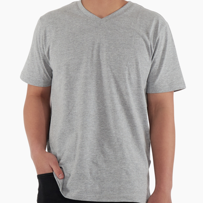 man wearing a grey slim fit V-neck t-shirt. machine wash safe