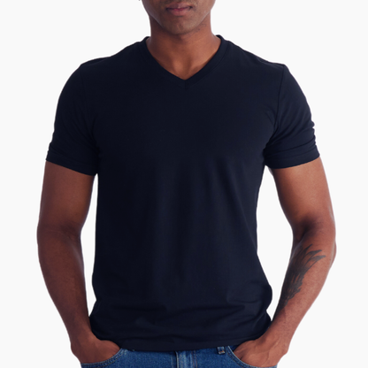 man wearing a navy slim fit V-neck t-shirt. machine wash safe