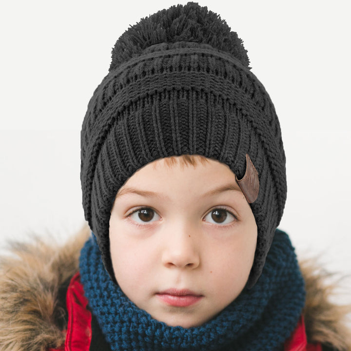 Kids Pom Pom Beanie Black - Rich Cotton