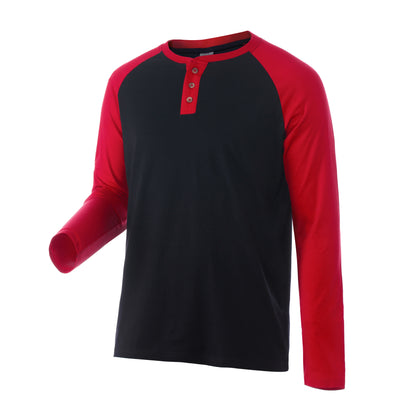 Bold two-tone Henley top in black and red with full sleeves and contrast placket design.
