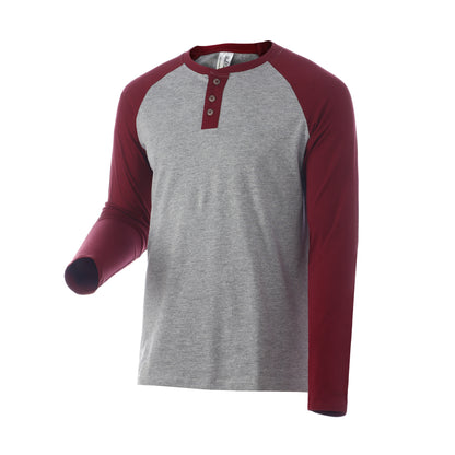Two-tone men�Efs Henley shirt with grey torso, burgundy long raglan sleeves, and three-button placket.