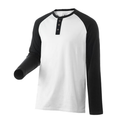 Long-sleeve baseball Henley tee with white body, jet black sleeves, and three-button closure.